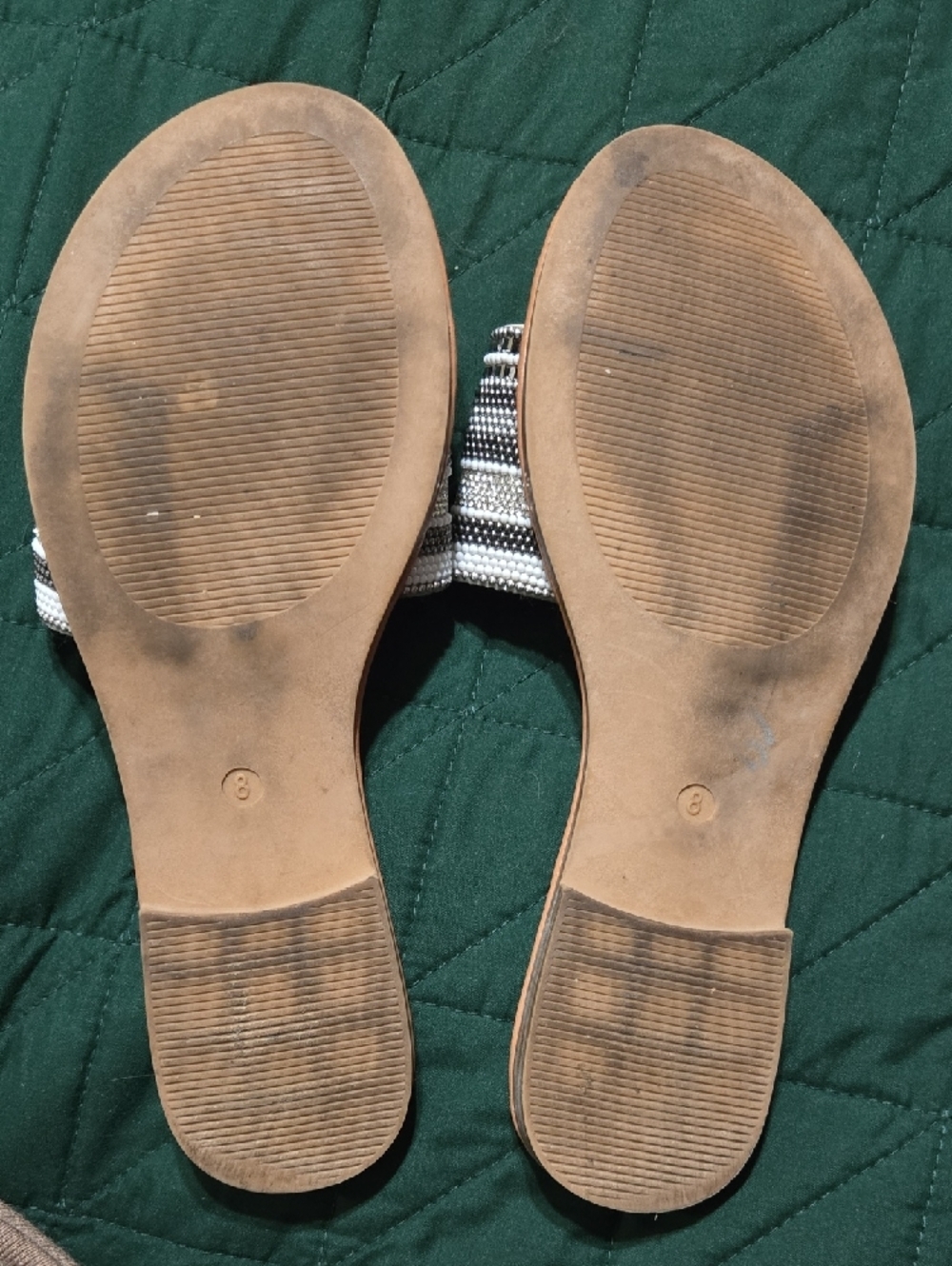 Madden Girl Tan Slide Sandals with Black, White & Silver Beaded Straps - Picture 2 of 2